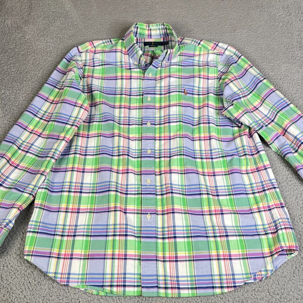 RALPH LAUREN  Shirt Men XL Green  Blue Oxford Long Sleeve Button Down